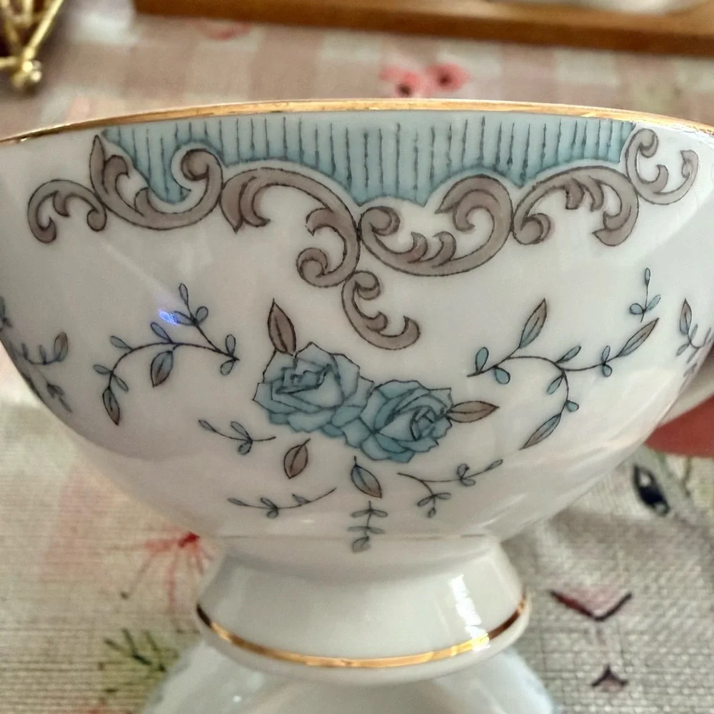 Vintage Floral Teacup & Bowl Set Blue Roses Gold Trim Cottagecore